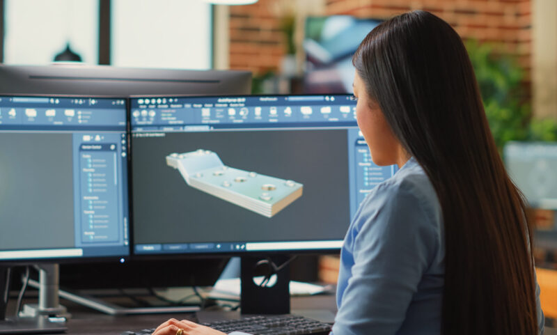 Digital 3d creator improving industrial prototype component Digital 3d creator improving industrial prototype component using advanced software, developing machinery on cad interface. Creative technician creating craphic model, mechanical product.